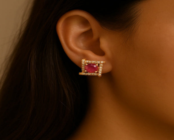 Square Stud with Pink Diamond