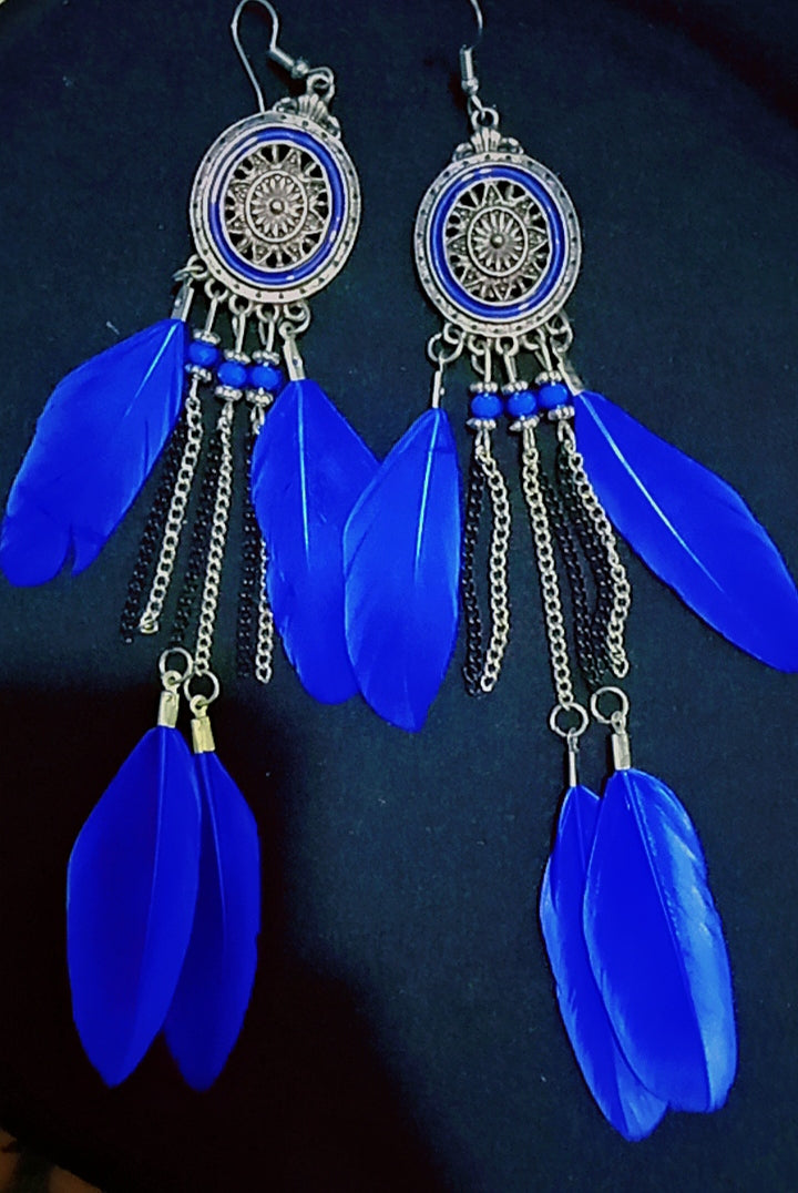 Bohemian Faux Feather Earrings | Long Drop Dangle Earrings with Dream Catcher Design