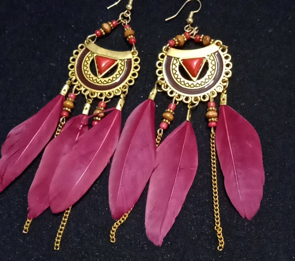 Bohemian Wine red color beautiful Feather Tassel Earrings for Women/Girls