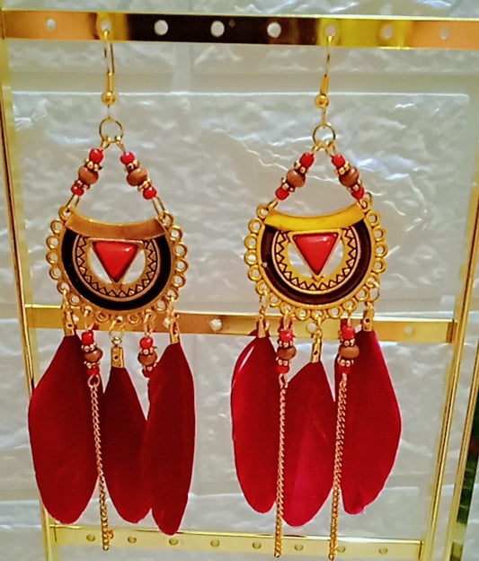 Bohemian Wine red color beautiful Feather Tassel Earrings for Women/Girls