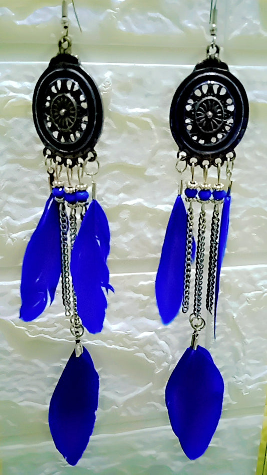 Bohemian Faux Feather Earrings | Long Drop Dangle Earrings with Dream Catcher Design